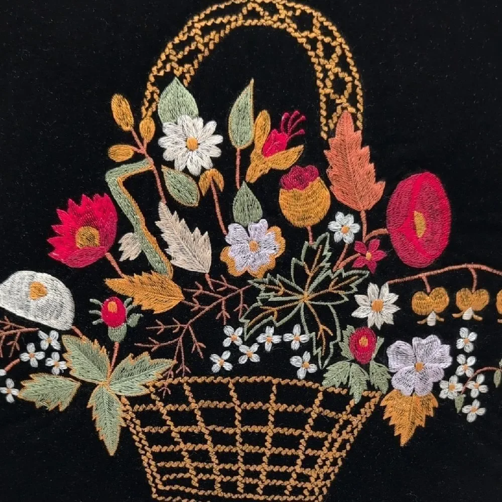 Vintage Black Velvet Floral Embroidered Throw Accent Pillow Floral Tapestry Back